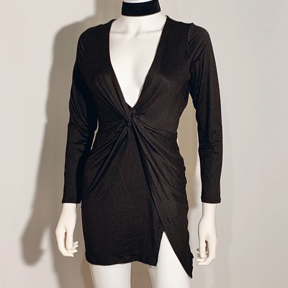 Black Asymmetrical Dress with Knot Front